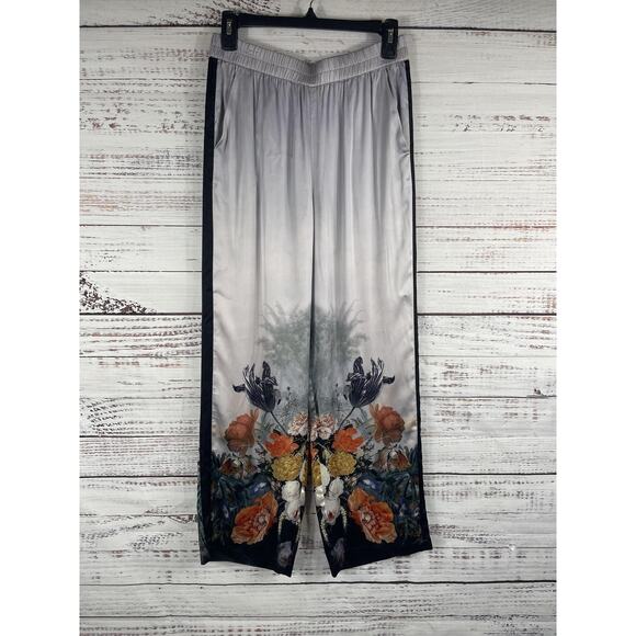 Caballero Pants - Caballero Pants Womens Size Small Gray Satin Wide Leg Floral Print Elastic Waist